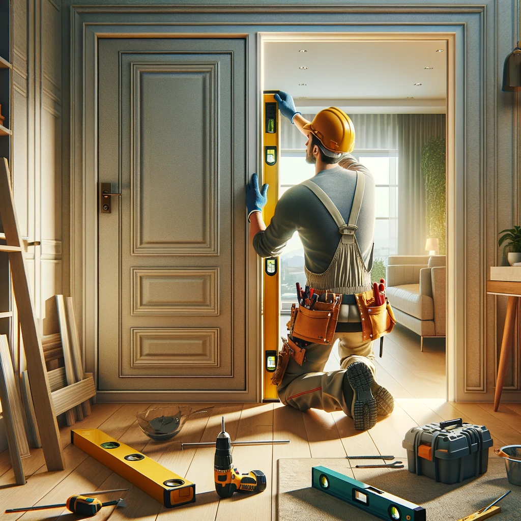 A worker who installs a door in a house